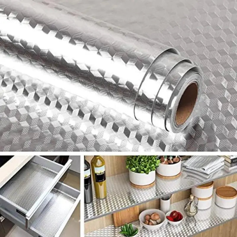 Aluminum Foil Kitchen Wallpaper – Self-Adhesive Oil-Proof Backsplash Contact Paper, Waterproof Heat-Resistant Cabinet Liner, 15.7×118 Inches, Cube Texture Silver