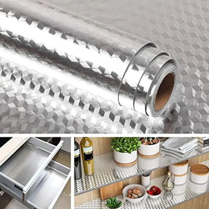 Aluminum Foil Kitchen Wallpaper – Self-Adhesive Oil-Proof Backsplash Contact Paper, Waterproof Heat-Resistant Cabinet Liner, 15.7×118 Inches, Cube Texture Silver