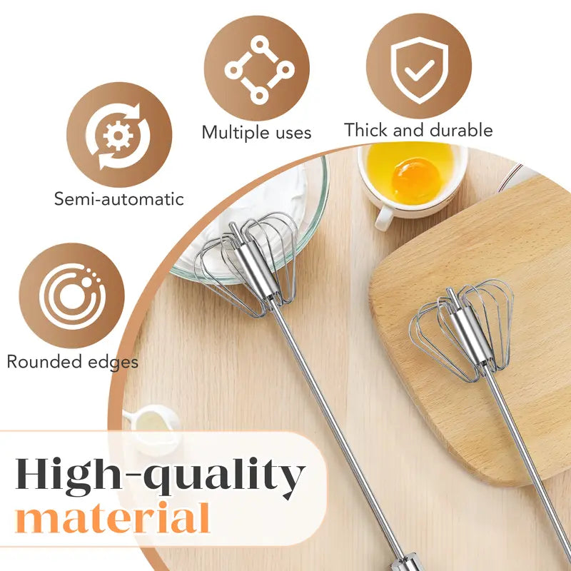 TOCOLES Semi-Automatic Stainless Steel Whisk – Hand-Push Rotary Egg Beater, Food-Grade Rust-Resistant, Riveted Construction, Easy to Clean, for Eggs Coffee & Cream