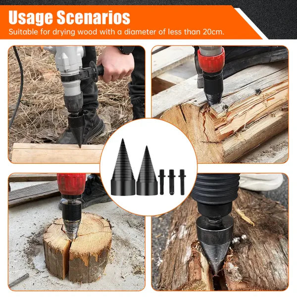 Firewood Splitter Drill Bit Set – 32mm Wood Splitting Cone, High Carbon Steel, Round + Square + Hex Shank, Fits Impact Drill Electric Hammer & Hand Drill