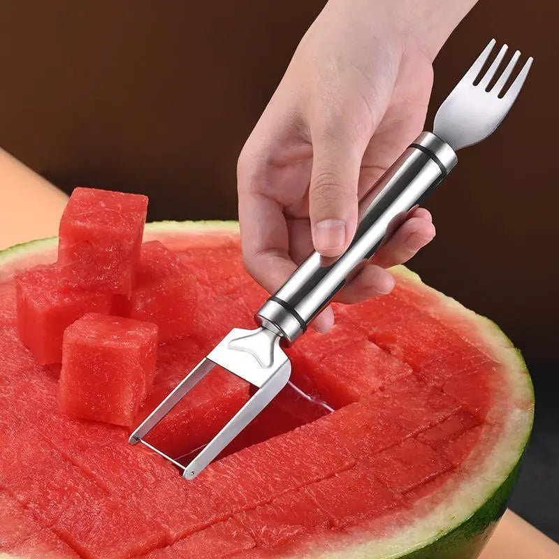 2-in-1 Watermelon Fork Slicer Cutter – 2-Pack Stainless Steel, Cuts Perfect Cubes in 4 Steps, Portable for Camping Picnics & Home Use