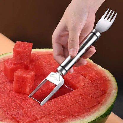 2-in-1 Watermelon Fork Slicer Cutter – 2-Pack Stainless Steel, Cuts Perfect Cubes in 4 Steps, Portable for Camping Picnics & Home Use