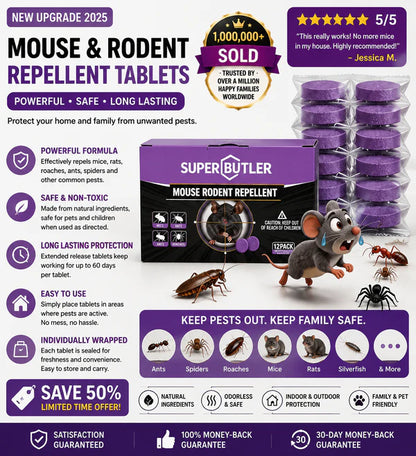 SUPER BUTLER Mouse & Rodent Repellent Tablets – 12-Pack, 2025 Upgrade, Natural Essential Oils, 60-Day Protection, Pet & Family Safe