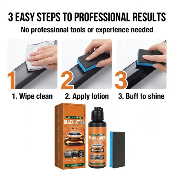 Auto Plastic Black Lotion – Car Plastic Restorer, Removes Oxidation & Fading, Waterproof Dye Infused, 100ml Kit with Applicator Sponge