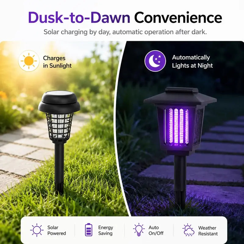 Solar Mosquito Zapper Garden Stake Light – 2-in-1 UV Insect Killer & Warm LED Pathway Lamp, IP65 Waterproof, Auto Dusk-to-Dawn