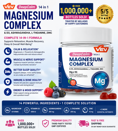 VEV DeepCalm 14-in-1 Magnesium Complex Gummies – Glycinate, D3, Ashwagandha, L-Theanine & Zinc, 90 Count, Sugar-Free, Vegan