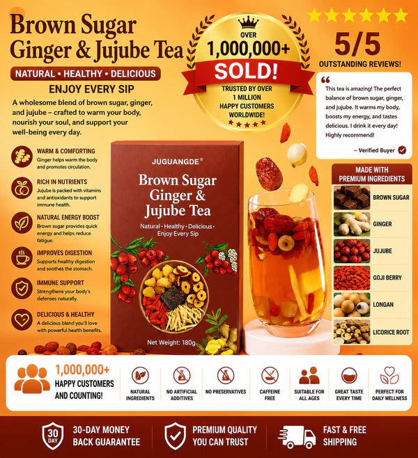 JUGUANGDE Brown Sugar Ginger & Jujube Tea – 180g, No Boiling Needed, 5 Natural Ingredients, Caffeine-Free, 1M+ Sold