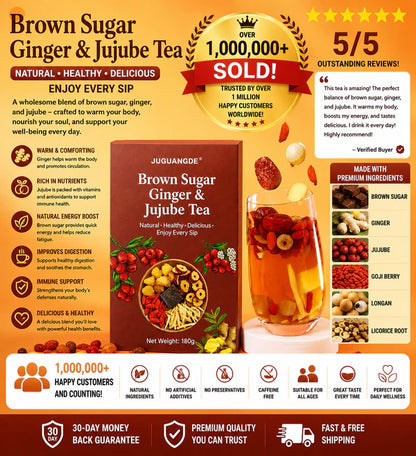 JUGUANGDE Brown Sugar Ginger & Jujube Tea – 180g, No Boiling Needed, 5 Natural Ingredients, Caffeine-Free, 1M+ Sold