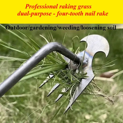 Manganese Steel Forged Weeding Tool – 4-Tooth Nail Rake with Crescent Hook, 3-in-1 Shovel Weed Puller & Soil Loosener, Durable Garden Weeding Artifact