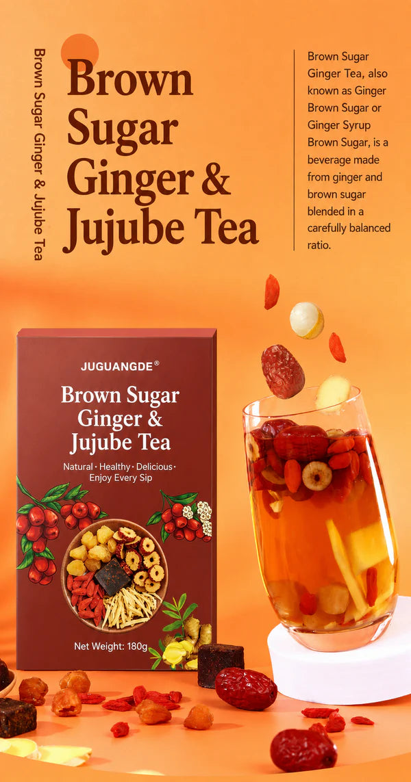 JUGUANGDE Brown Sugar Ginger & Jujube Tea – 180g, No Boiling Needed, 5 Natural Ingredients, Caffeine-Free, 1M+ Sold