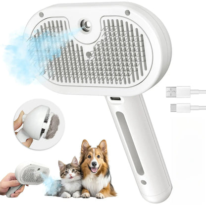 3-in-1 Steam Pet Brush – Self-Cleaning Grooming Comb for Dogs & Cats (White)