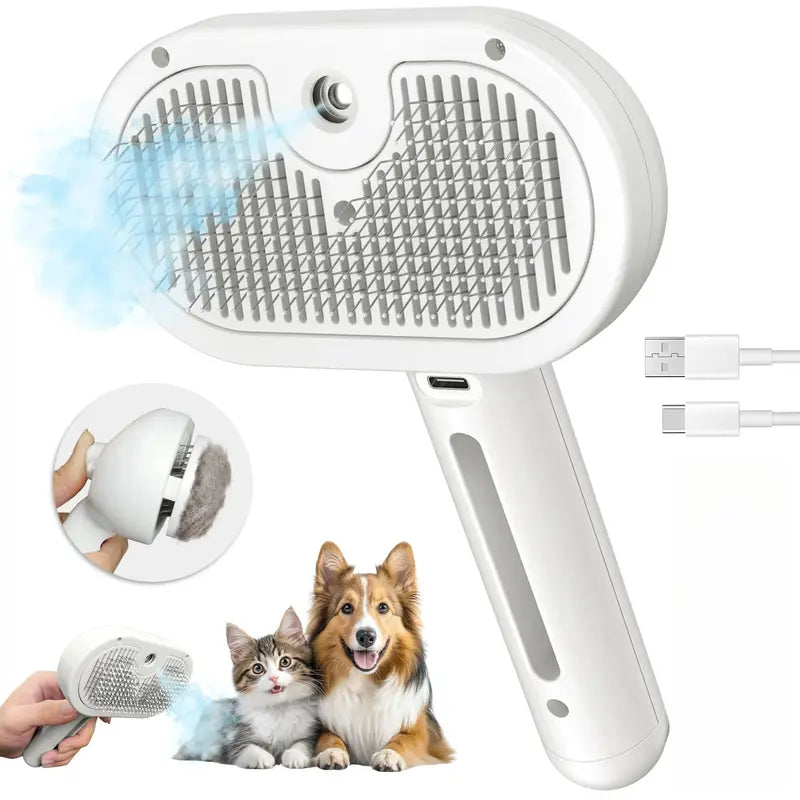 3-in-1 Steam Pet Brush – Self-Cleaning Grooming Comb for Dogs & Cats (White)