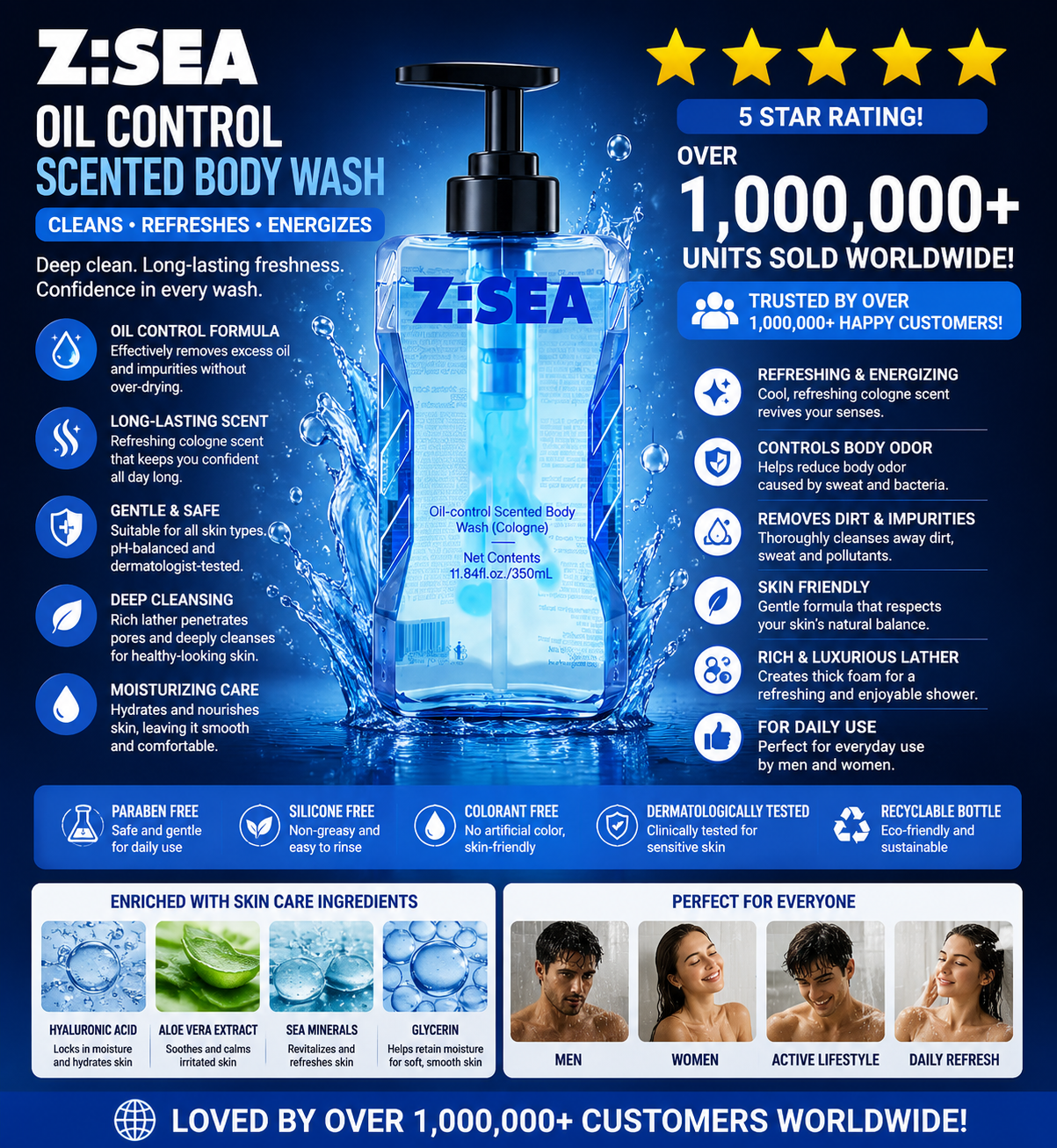 Z:SEA Oil-Control Scented Body Wash – Cologne Fragrance, Deep Cleansing & Acne Care, 11.84 fl oz / 350ml