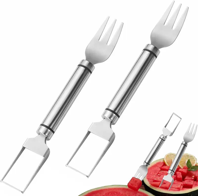 2-in-1 Watermelon Fork Slicer Cutter – 2-Pack Stainless Steel, Cuts Perfect Cubes in 4 Steps, Portable for Camping Picnics & Home Use