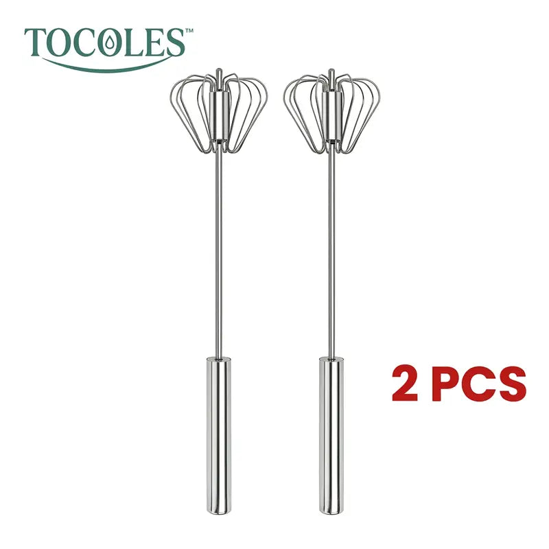 TOCOLES Semi-Automatic Stainless Steel Whisk – Hand-Push Rotary Egg Beater, Food-Grade Rust-Resistant, Riveted Construction, Easy to Clean, for Eggs Coffee & Cream
