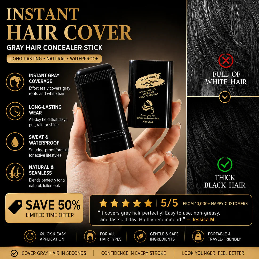 2-Pack Hair Dye Wand Stick – Instant Gray Coverage, Long-Lasting, Waterproof & Sweatproof, Built-In Comb, 20g