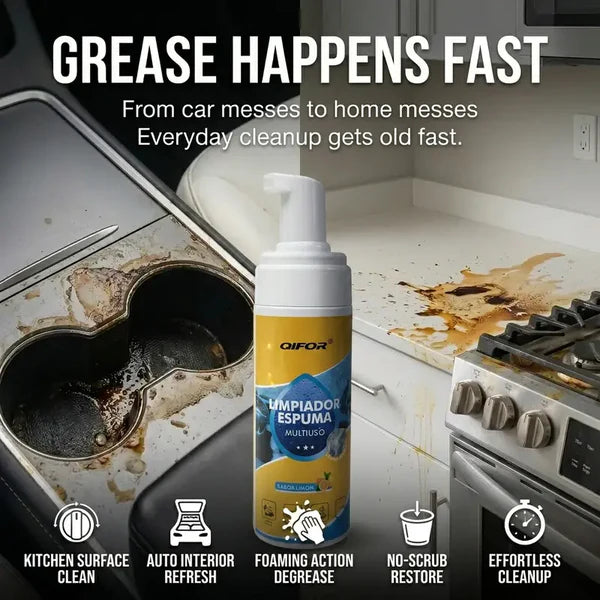 QIFOR Multi-Purpose Foam Cleaner – Heavy-Duty Grease & Stain Remover, Fresh Lemon Scent, Safe on Marble Car Bathroom Aluminum