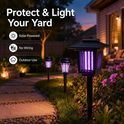 Solar Mosquito Zapper Garden Stake Light – 2-in-1 UV Insect Killer & Warm LED Pathway Lamp, IP65 Waterproof, Auto Dusk-to-Dawn