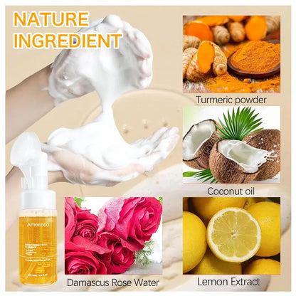 Amococo Turmeric Brightening Mousse Foam Facial Cleanser – Deep Cleansing for Oily Skin
