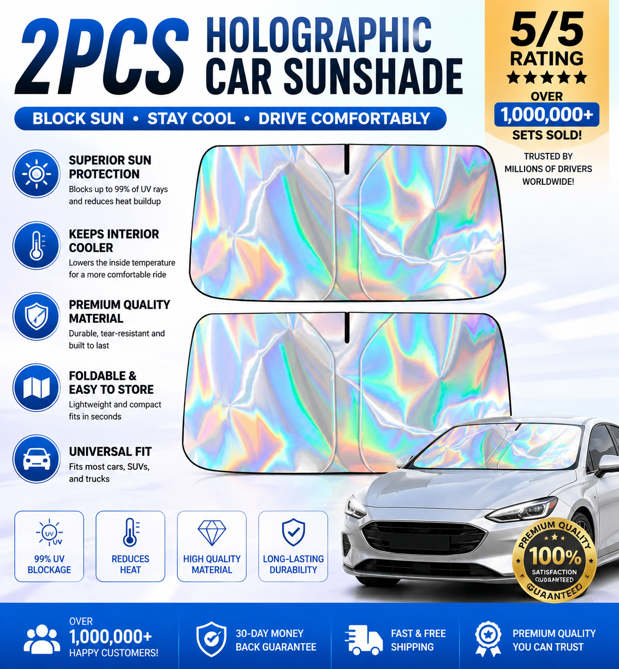 2PCS Holographic Car Windshield Sunshade – 99% UV Block, Triple-Layer Heat Shield, Foldable, Universal Fit for Cars SUVs Trucks