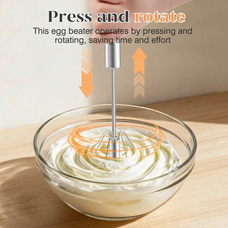 TOCOLES Semi-Automatic Stainless Steel Whisk – Hand-Push Rotary Egg Beater, Food-Grade Rust-Resistant, Riveted Construction, Easy to Clean, for Eggs Coffee & Cream