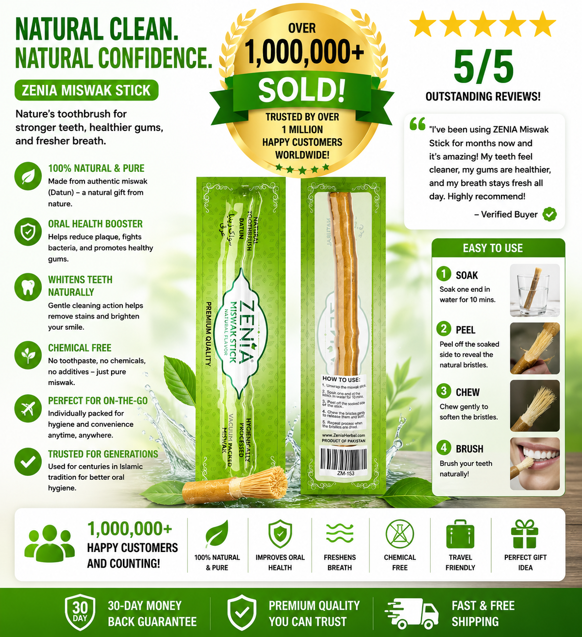 Zenia Miswak Natural Toothbrush Stick – 100% Pure Sewak Datun, Whitens Teeth, Freshens Breath & Boosts Oral Health