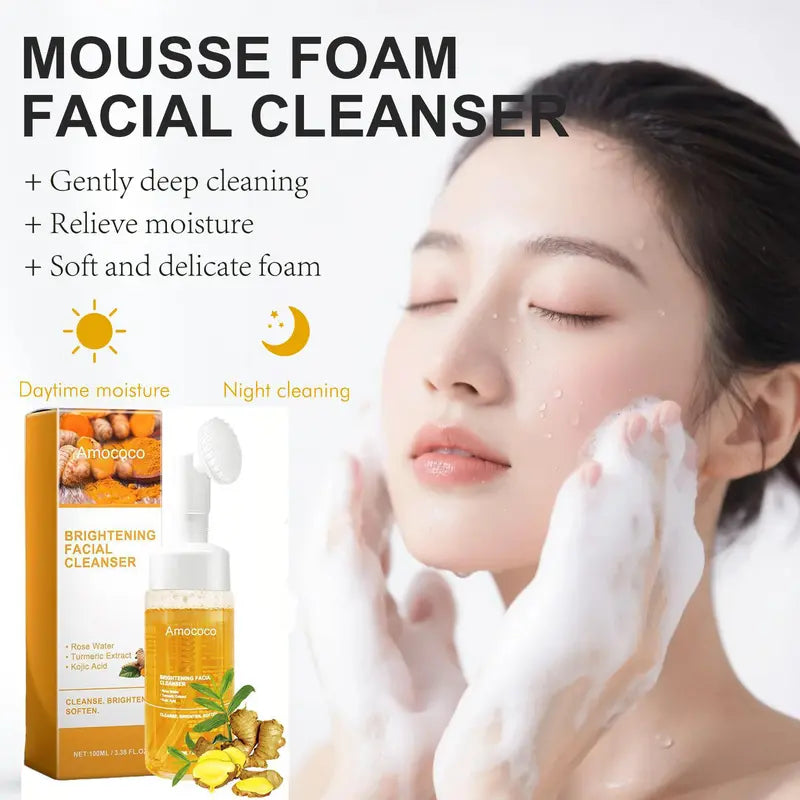 Amococo Turmeric Brightening Mousse Foam Facial Cleanser – Deep Cleansing for Oily Skin