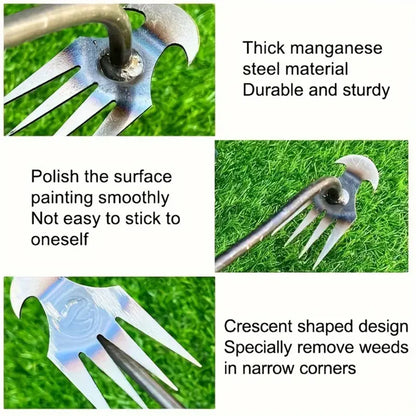 Manganese Steel Forged Weeding Tool – 4-Tooth Nail Rake with Crescent Hook, 3-in-1 Shovel Weed Puller & Soil Loosener, Durable Garden Weeding Artifact