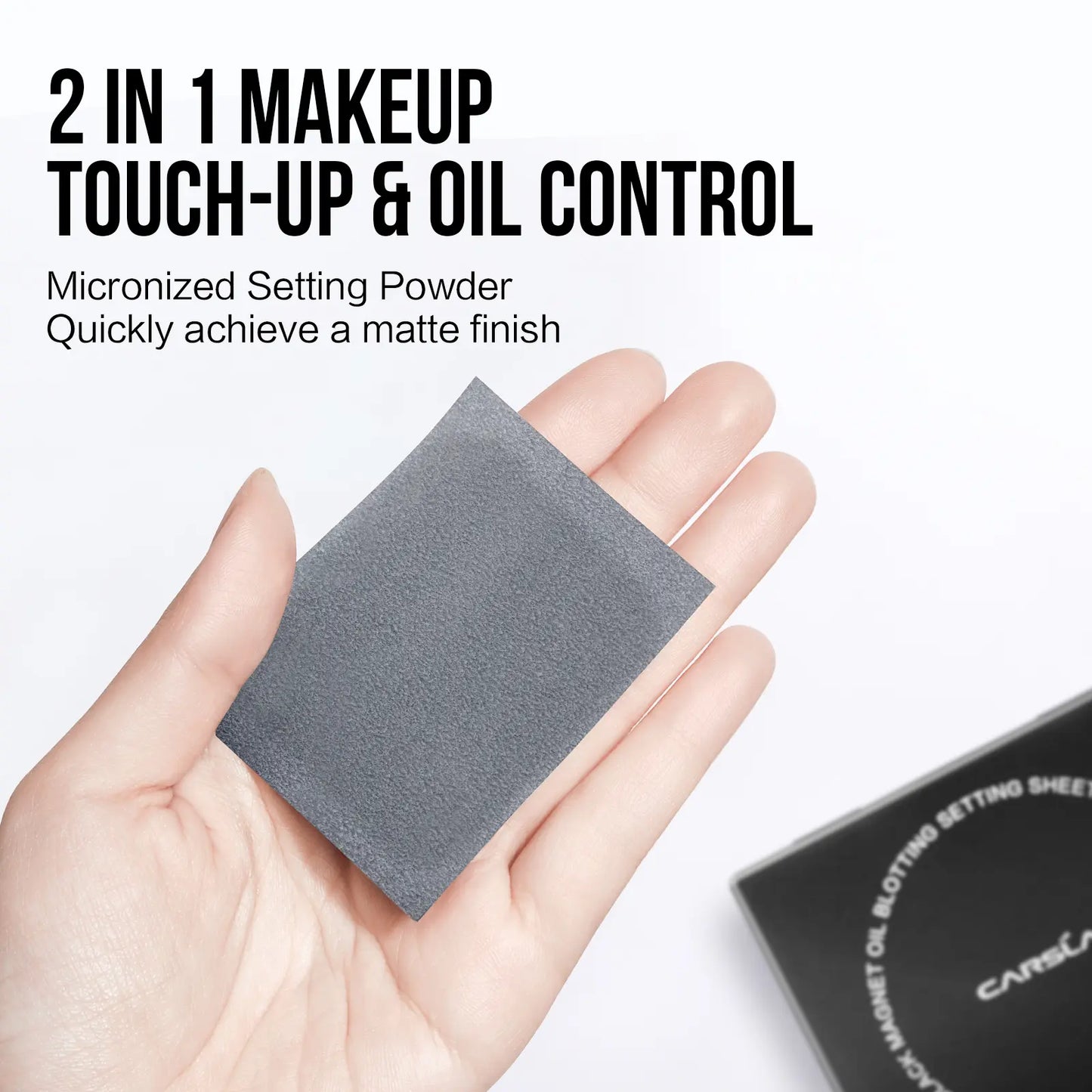 CARSLAN Black Magnet Oil Blotting Setting Sheet With Powder More Control Oil Keep Fresh 2 IN 1 Blotting Sheet with Mirror Puff & Recyclable Case, 450 Sheets 1 Box 2 Refills, Oil Sucker Blotting Paper, For Touch Up