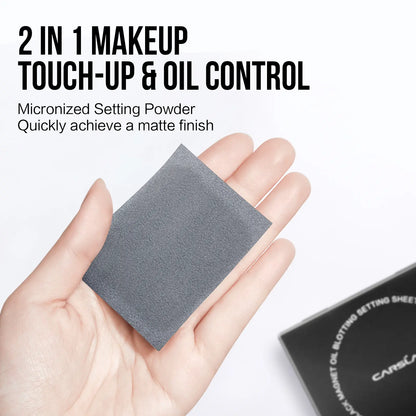 CARSLAN Black Magnet Oil Blotting Setting Sheet With Powder More Control Oil Keep Fresh 2 IN 1 Blotting Sheet with Mirror Puff & Recyclable Case, 450 Sheets 1 Box 2 Refills, Oil Sucker Blotting Paper, For Touch Up