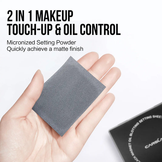 CARSLAN Black Magnet Oil Blotting Setting Sheet With Powder More Control Oil Keep Fresh 2 IN 1 Blotting Sheet with Mirror Puff & Recyclable Case, 450 Sheets 1 Box 2 Refills, Oil Sucker Blotting Paper, For Touch Up
