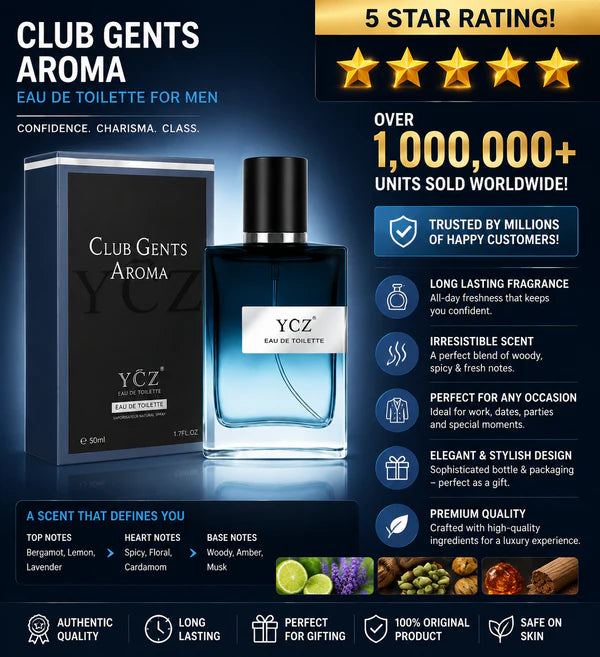 YCZ Club Gent’s Aroma Eau de Toilette for Men – 50ml, Long-Lasting Woody Spicy & Fresh Fragrance, Confidence Charisma Class, Perfect Gift