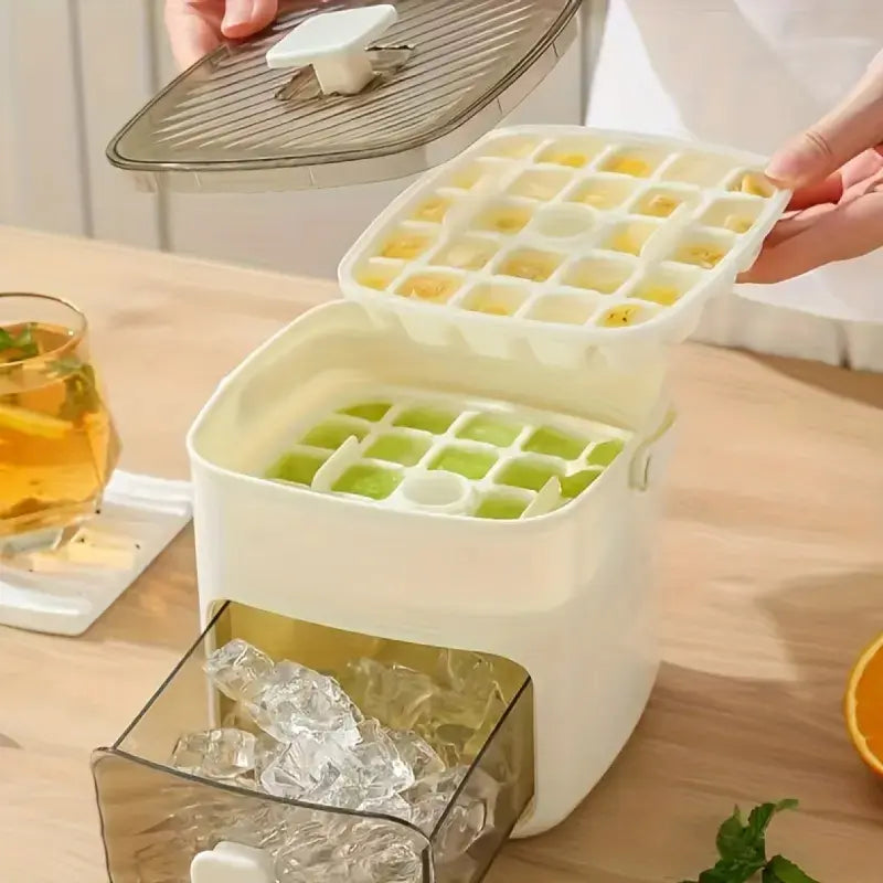 Ice Cube Maker with Storage Drawer – 48 Cubes Per Batch, One-Press Dispense, Double-Layer Silicone Tray, BPA-Free, Portable with Handle