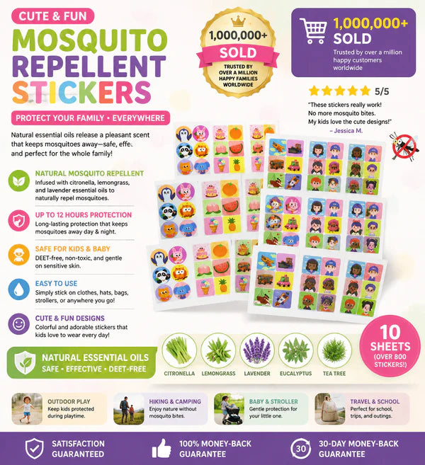 Mosquito Repellent Stickers for Kids – 180 Count (10 Sheets), Cute Cartoon Design, Plant-Based DEET-Free Formula, Up to 12 Hours Protection