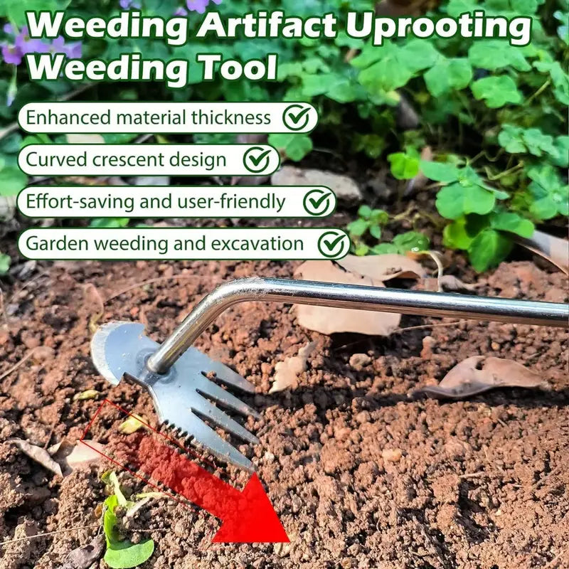 Manganese Steel Forged Weeding Tool – 4-Tooth Nail Rake with Crescent Hook, 3-in-1 Shovel Weed Puller & Soil Loosener, Durable Garden Weeding Artifact