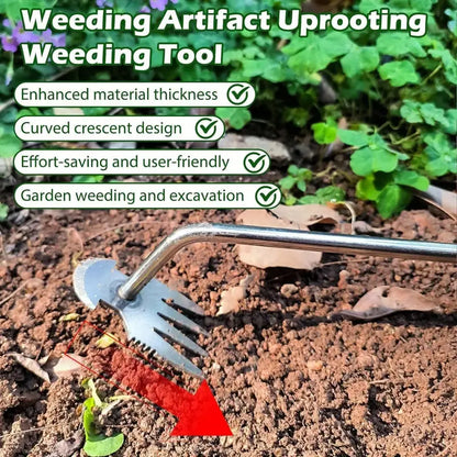 Manganese Steel Forged Weeding Tool – 4-Tooth Nail Rake with Crescent Hook, 3-in-1 Shovel Weed Puller & Soil Loosener, Durable Garden Weeding Artifact