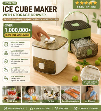 Ice Cube Maker with Storage Drawer – 48 Cubes Per Batch, One-Press Dispense, Double-Layer Silicone Tray, BPA-Free, Portable with Handle