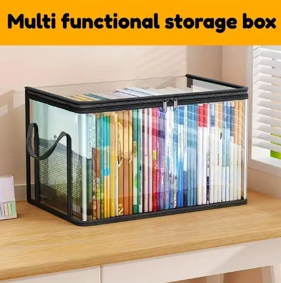 Large Clear Storage Box with Zipper Lid – Heavy-Duty Stackable Organizer, Dual Handles, for Home Camping Moving Books Clothes