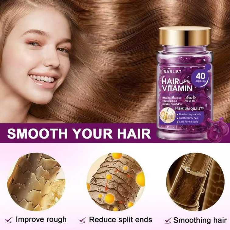 BARUBT Hair Vitamin Oil Capsules – 40 Capsules, Moroccan Oil, Jojoba Oil, Keratin, Vitamins A C E & Pro-B5, Repairs Dry Damaged Frizzy Hair